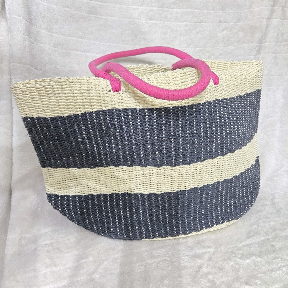 Striped Woven Raffia Tote Bag Large‎ Beach Market Shopper Purse Pink Handles